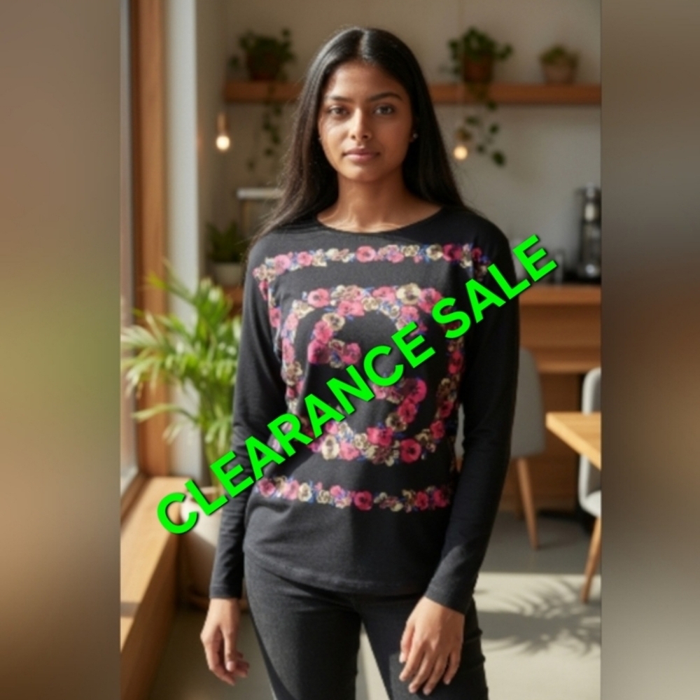 EUC Gucci Black Long Sleeve Top with Pink Floral Design SZ M